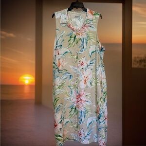 Tommy Bahama L Maya Meadows Floral Linen Sleeveless Button Down Shirt Dress